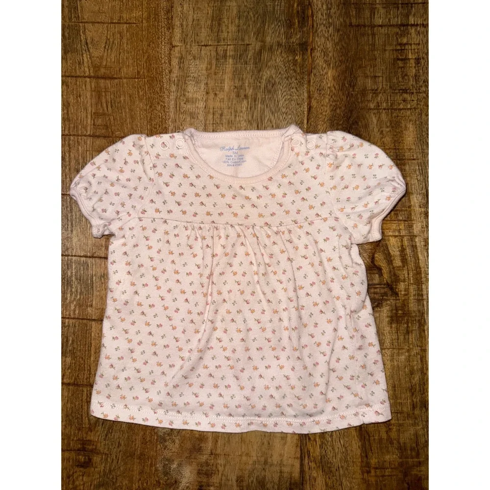 Ralph Lauren Baby Girl Pink Floral Snap Shoulder Peplum Top 3M